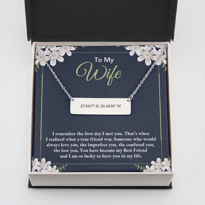 to my wife - i remember the first day i met you 2 Coordinate Horizontal Bar Pendent