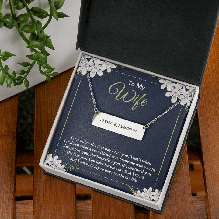 to my wife - i remember the first day i met you 2 Coordinate Horizontal Bar Pendent