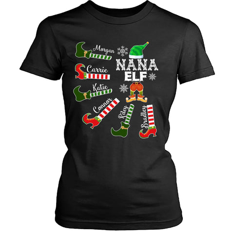 Nana Elf With Kids Name - Unisex T- Shirt