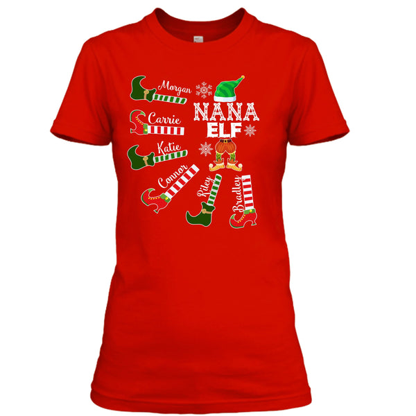 Nana Elf With Kids Name - Unisex T- Shirt