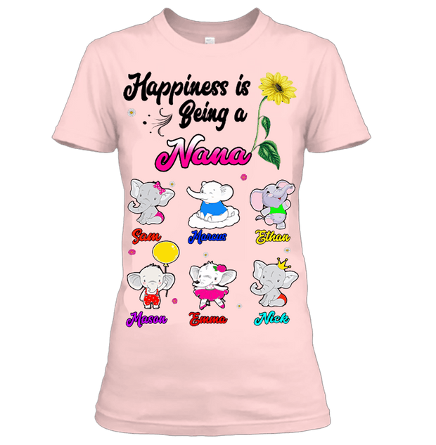 Happiness Is Being A Nana, Custom shirt with grandkids name Get Cute Elephant Characters.