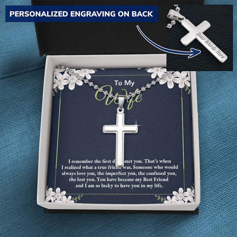 to my wife - i remember the first day i met you 2 Personalized Cross Necklace (ball Chain)