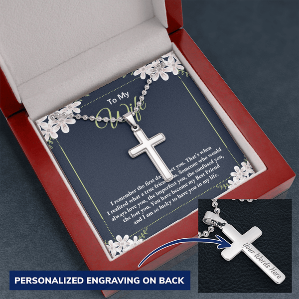 to my wife - i remember the first day i met you 2 Personalized Cross Necklace (ball Chain)