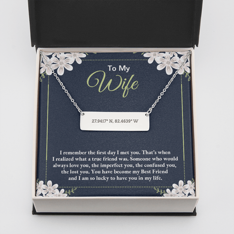 to my wife - i remember the first day i met you 2 Coordinate Horizontal Bar Pendent