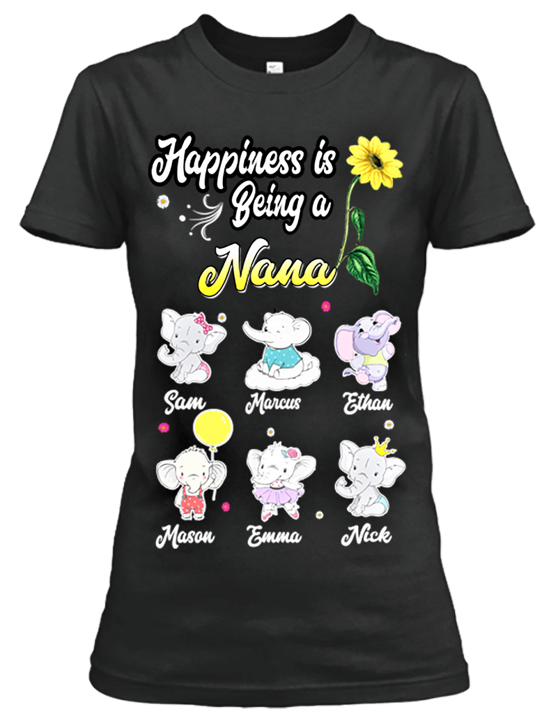 Happiness Is Being A Nana, Custom shirt with grandkids name Get Cute Elephant Characters.
